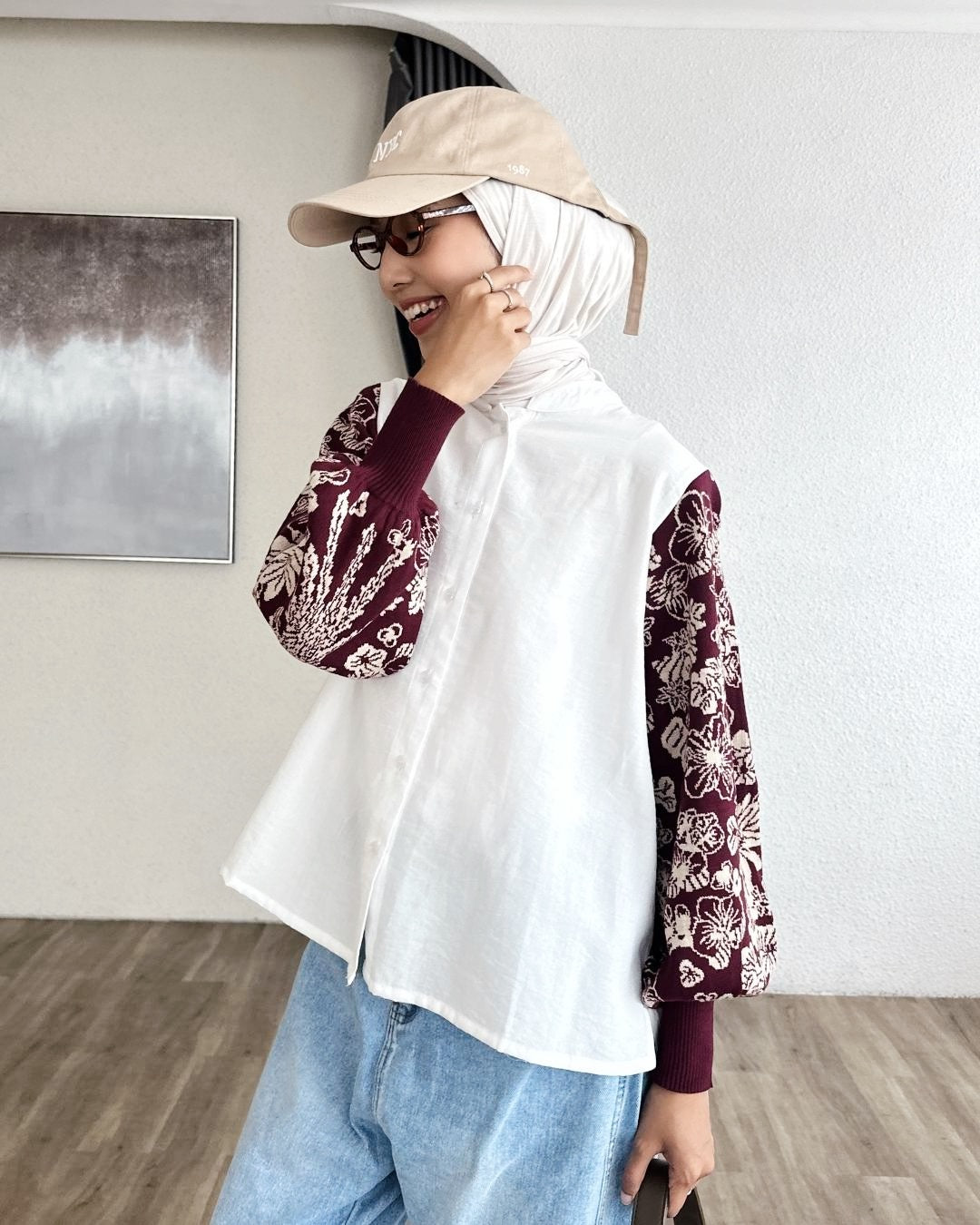 NONAETAL Osaka Heritage Top Knit Sleeve Broken White - Burgundy