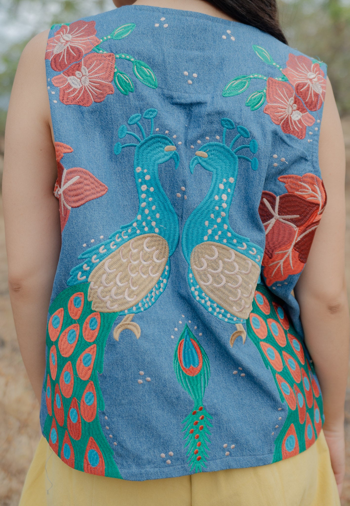 NONAETAL Lynx Peafowl Embroidery Vest Dark Blue Denim