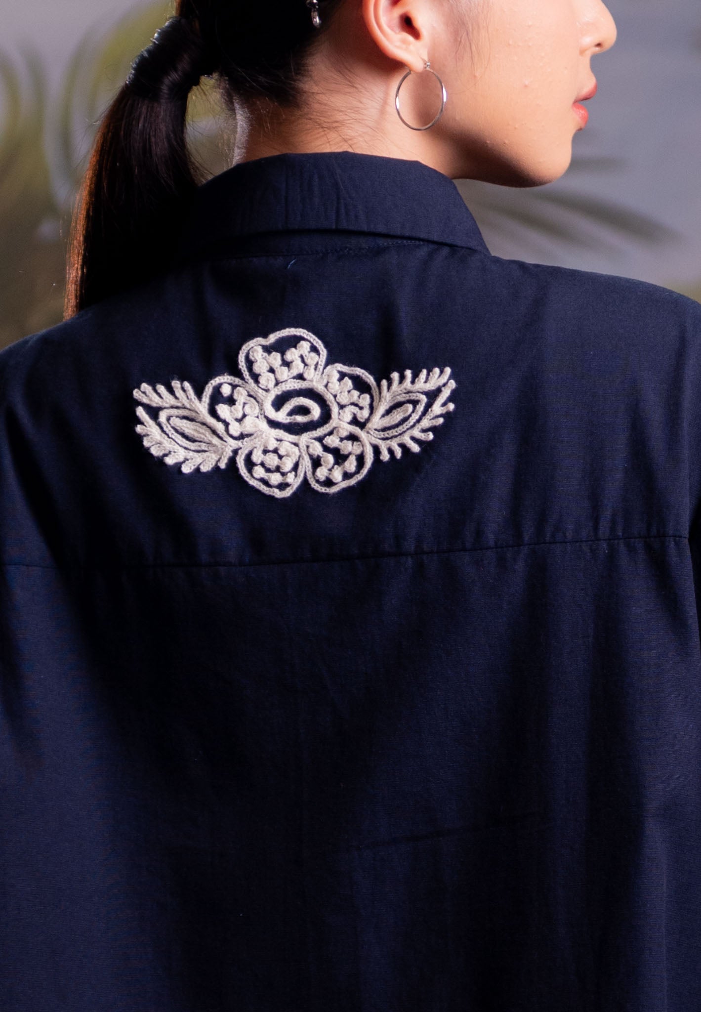 NONAETAL Heritage Whisper Embroidery Shirt Long Sleeve Navy