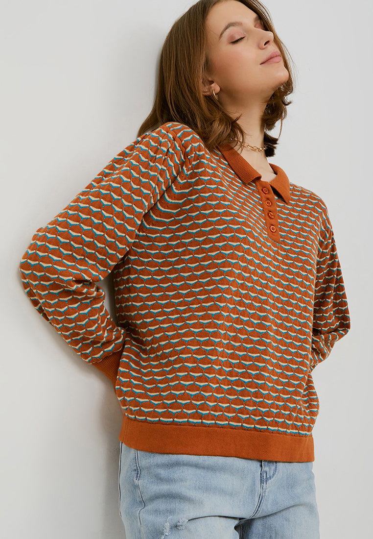 NONA Peony Knit Top Long Sleeve Terracotta