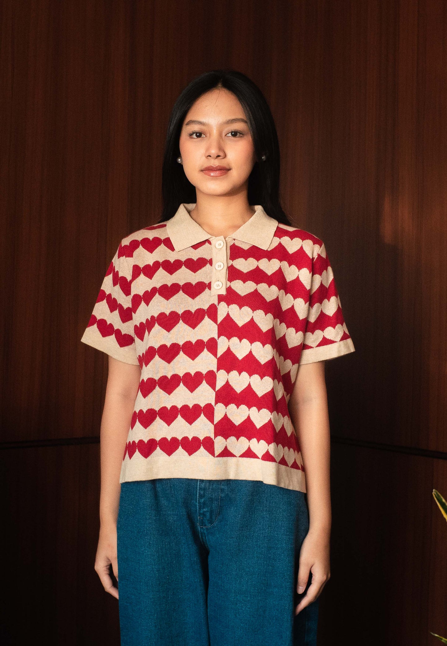 NONAETAL Cupid Heart Polo Knit Top Short Sleeve