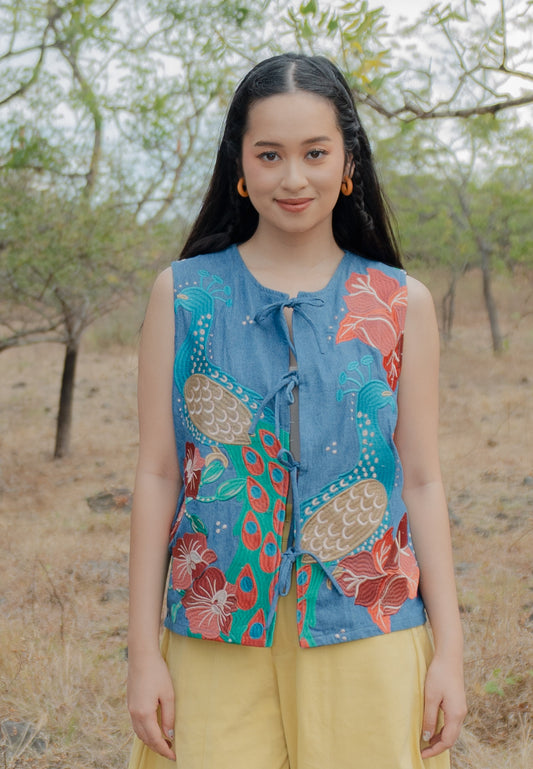 NONAETAL Lynx Peafowl Embroidery Vest Dark Blue Denim