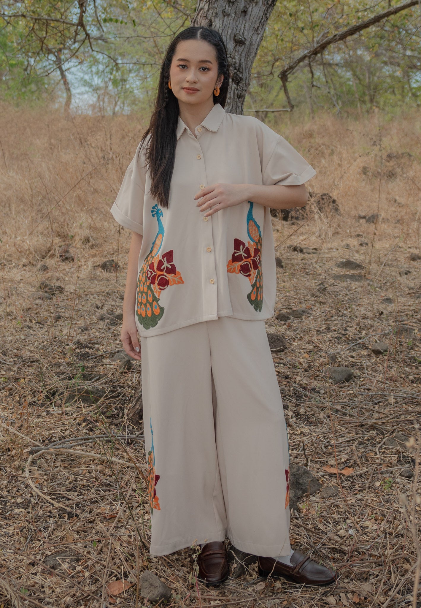 NONAETAL Bougainville Peafowl Top Short Sleeve Winter Cream