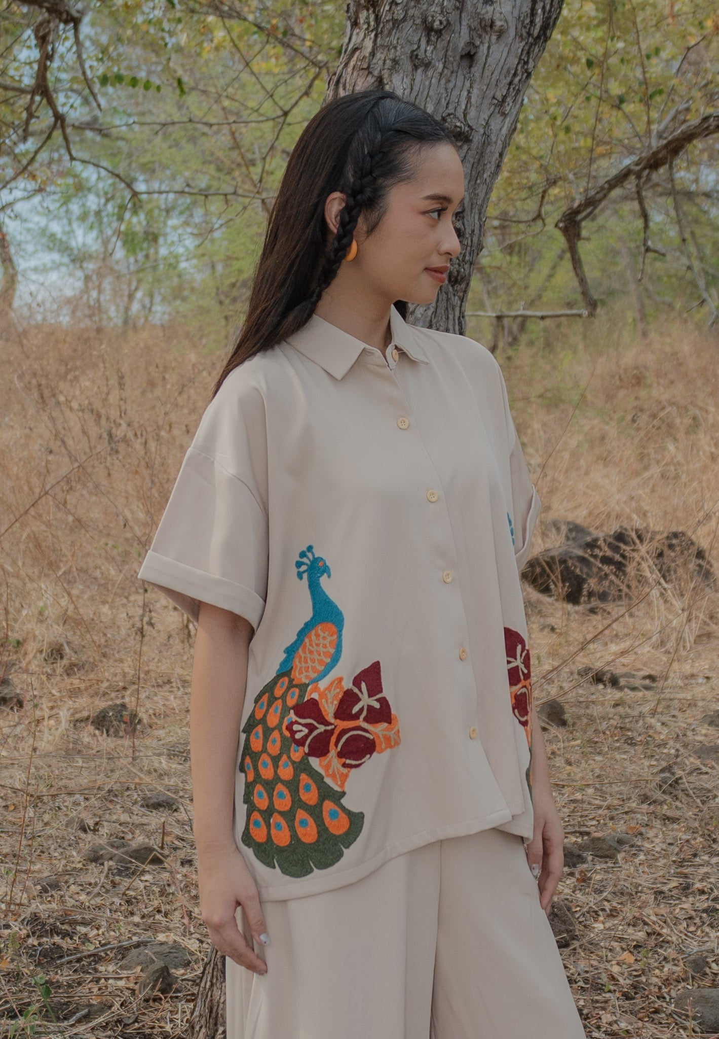 NONAETAL Bougainville Peafowl Top Short Sleeve Winter Cream