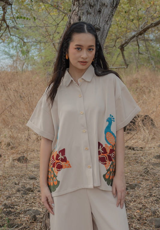 NONAETAL Bougainville Peafowl Top Short Sleeve Winter Cream