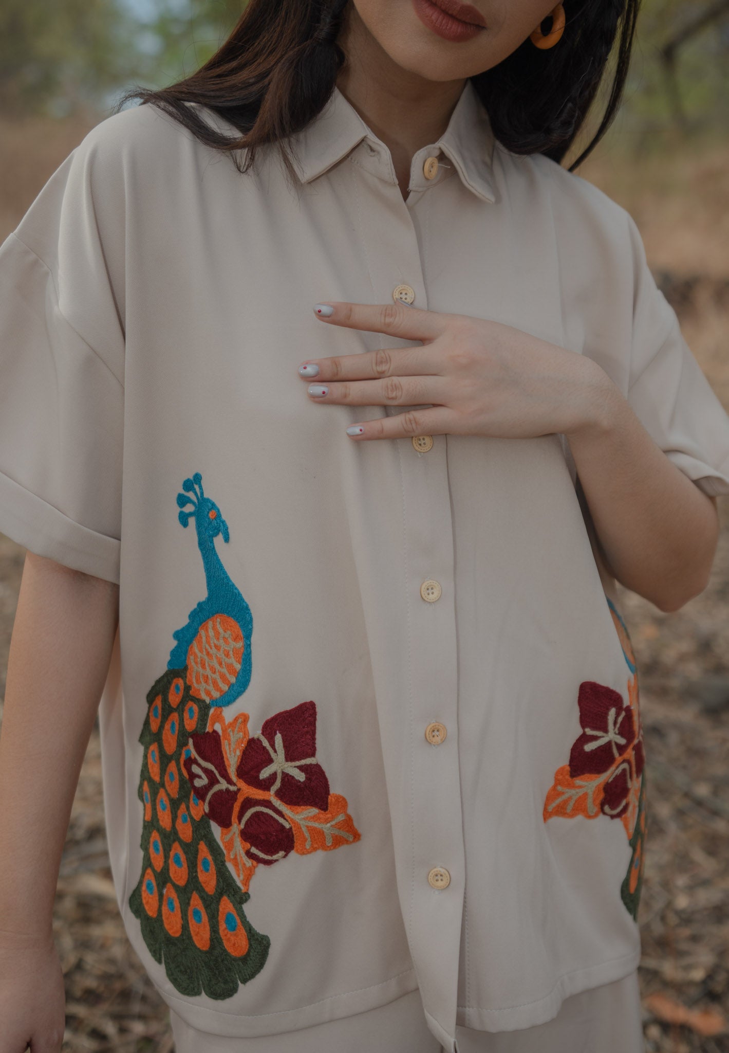 NONAETAL Bougainville Peafowl Top Short Sleeve Winter Cream